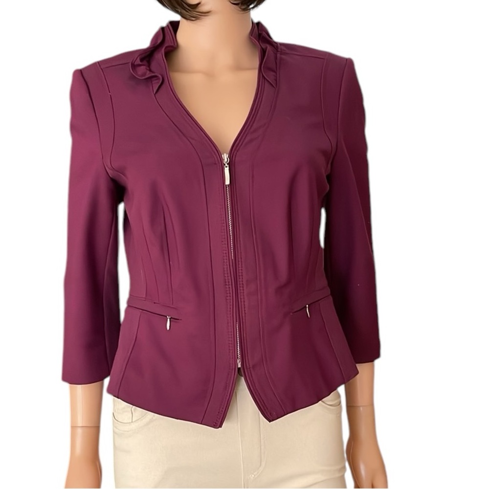White House Black Market purple zipper V neck blazer jacket ruffle collar